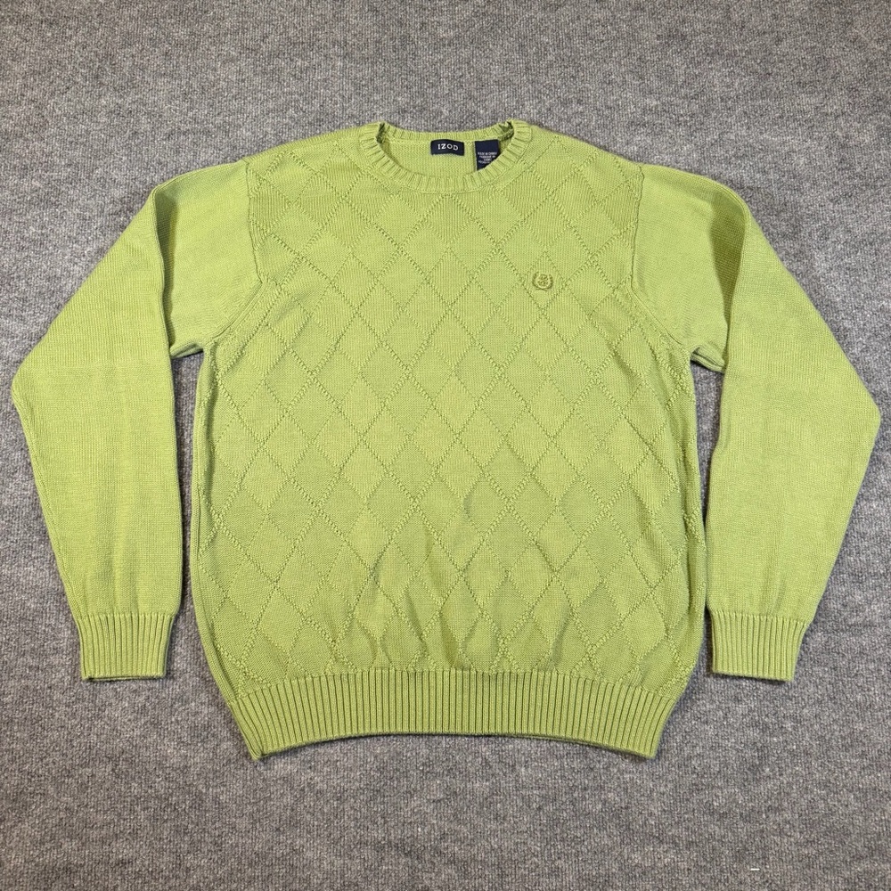 IZOD‎ Argyle Cable Knit Sweater Men's Size L Green 100% Cotton Long Sleeve